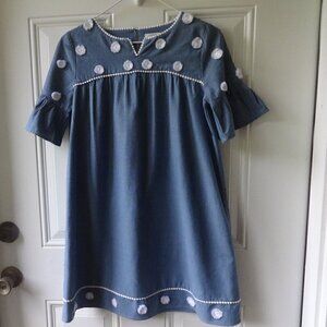 Crown & Ivy girls XL Chambray dress ruffled sleeves yarn flower trim, loose fit